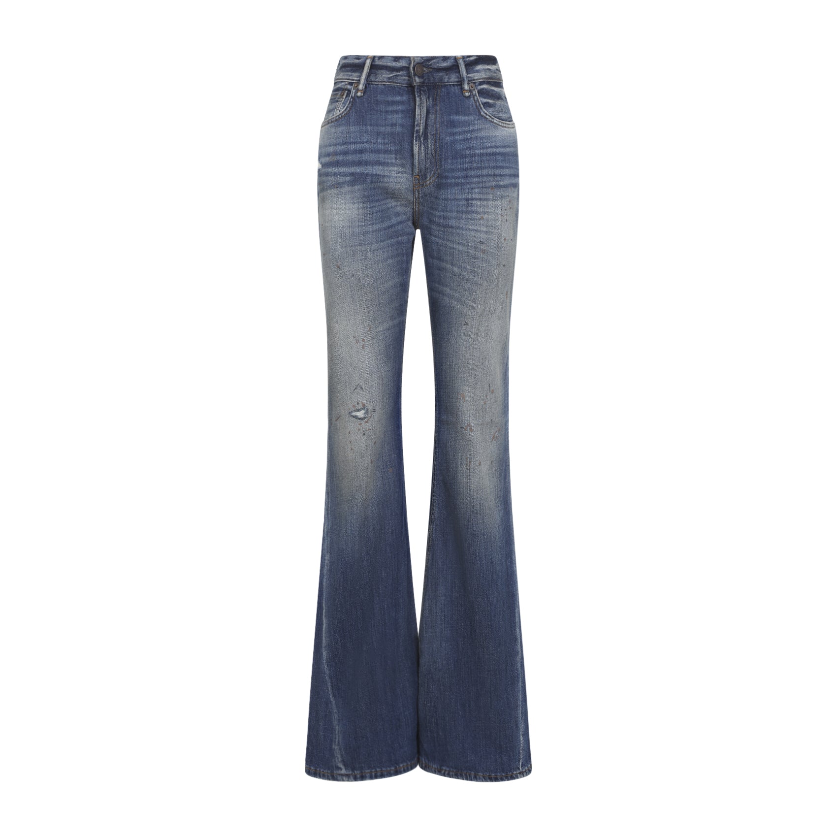 High-Waisted Flared Jeans With Faded Blue Wash And Distressing