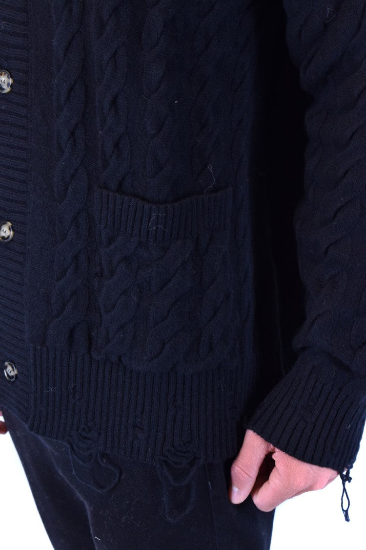 Cable Knit Black Cardigan With V-Neckline