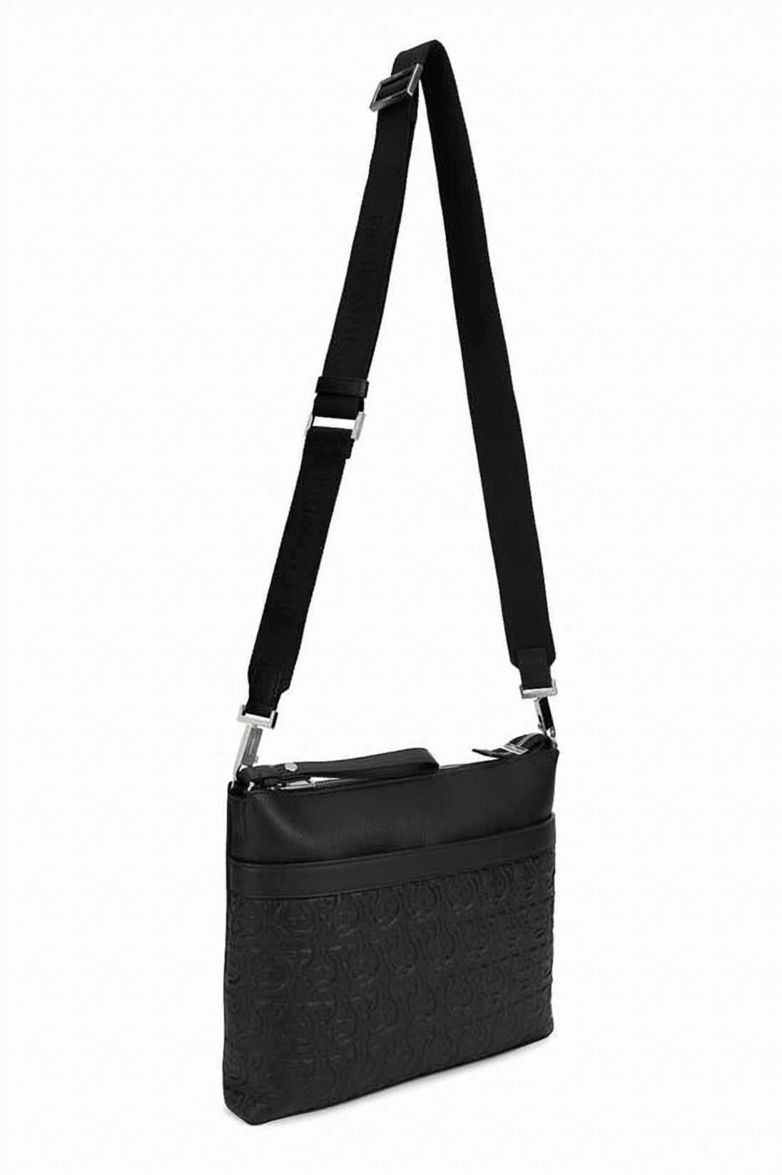 Black Embossed Calf Leather Crossbody Bag