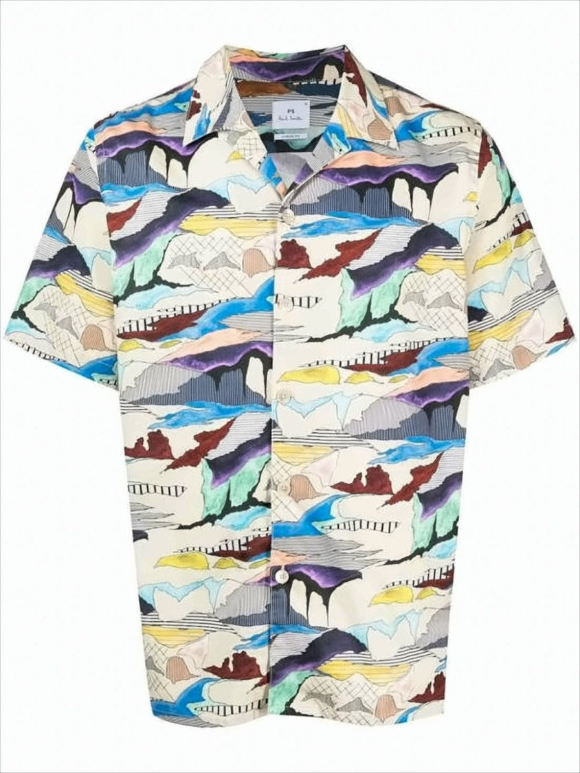 Short-Sleeve Camp Collar Shirt With Abstract Pattern