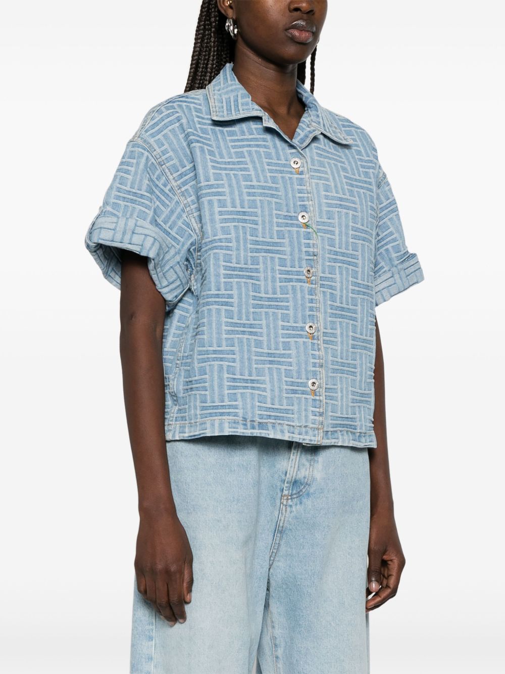 Cropped Button-Up Top with Turn-Up Cuffs