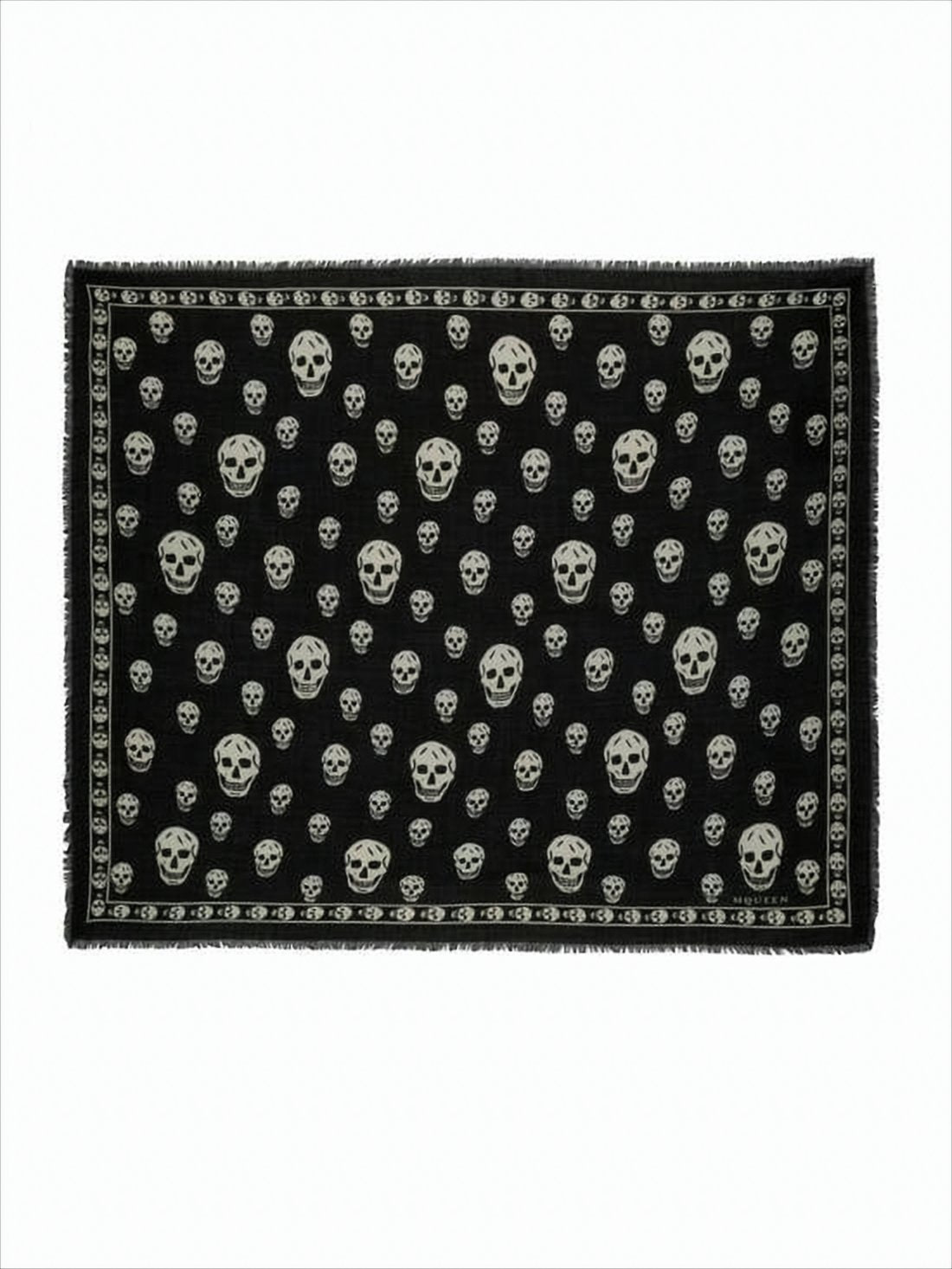 Skull Motif Rectangular Scarf with Fringed Trim