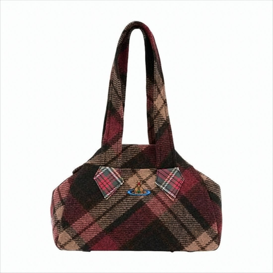Plaid Wool Shoulder Bag with Embroidered Emblem