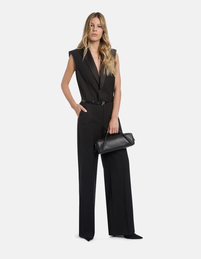 Sleeveless Jumpsuit with Satin Lapels and Wide-Leg Design