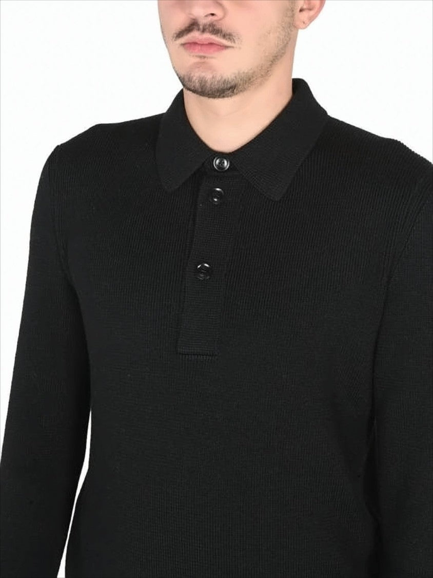 Black Wool and Silk Blend Polo Sweater