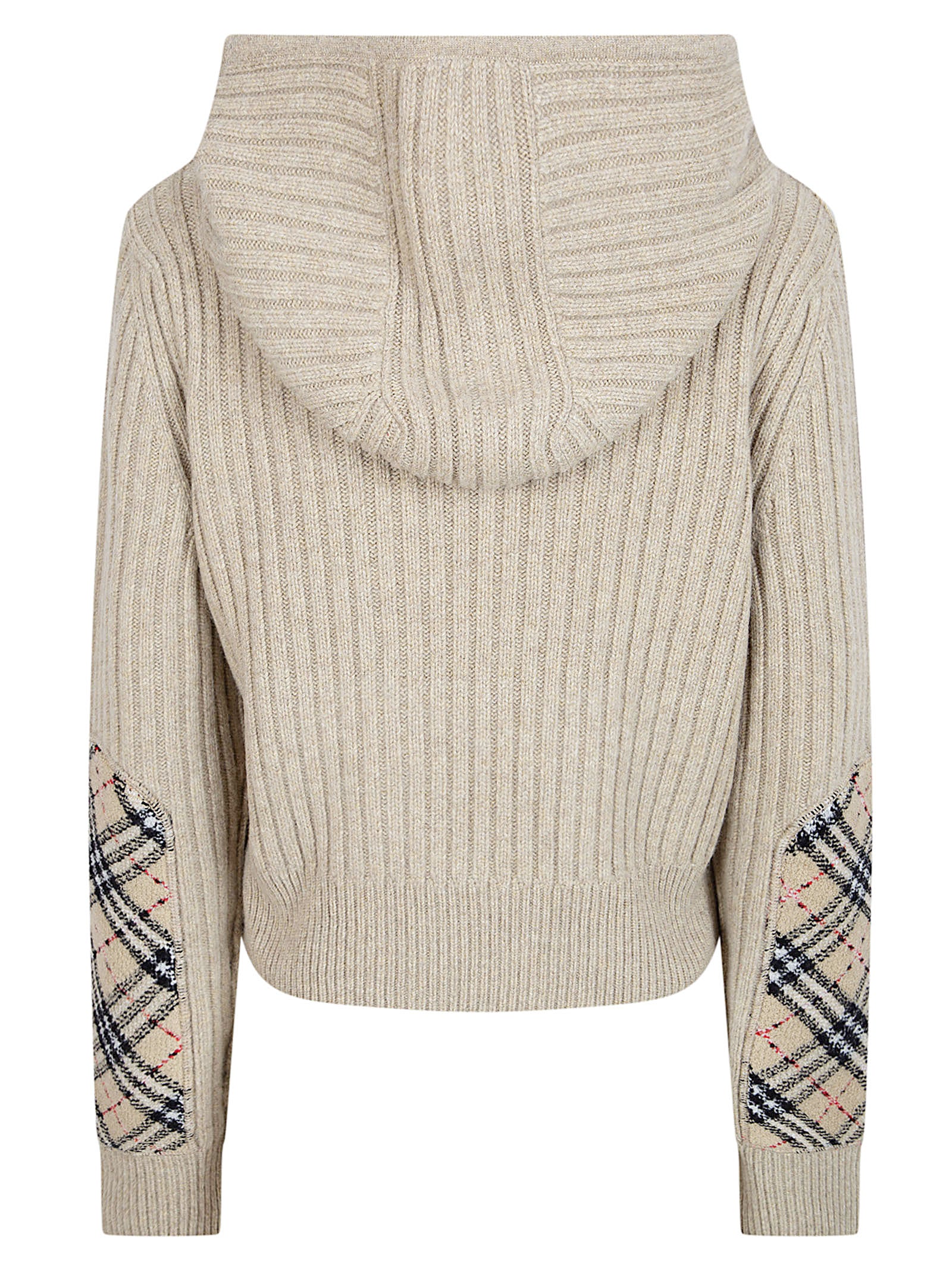 Ribbed Knit Cropped Hoodie Sweater with Check Patch Detail