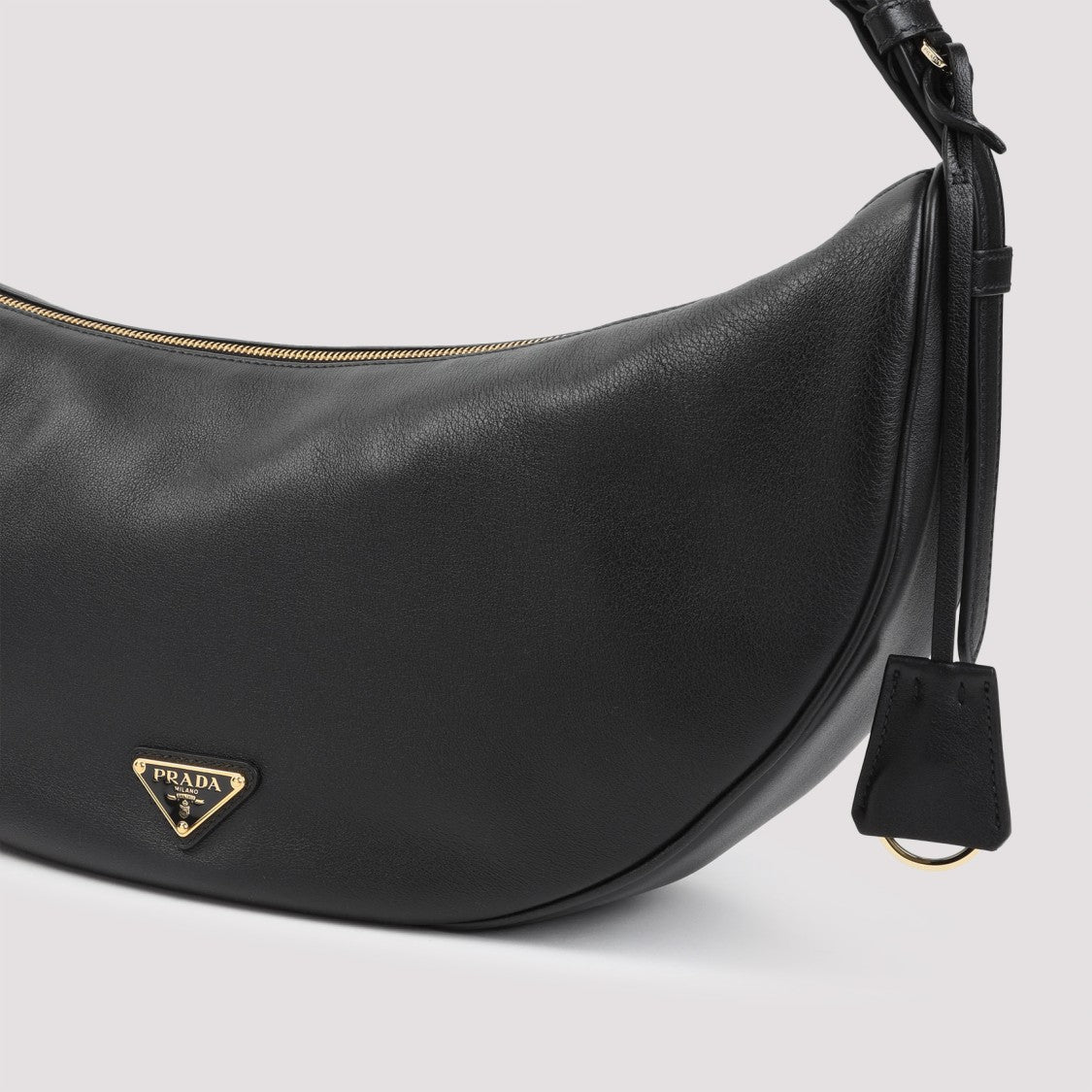 Crescent-Shaped Black Calf Leather Handbag With Gold-Tone Logo