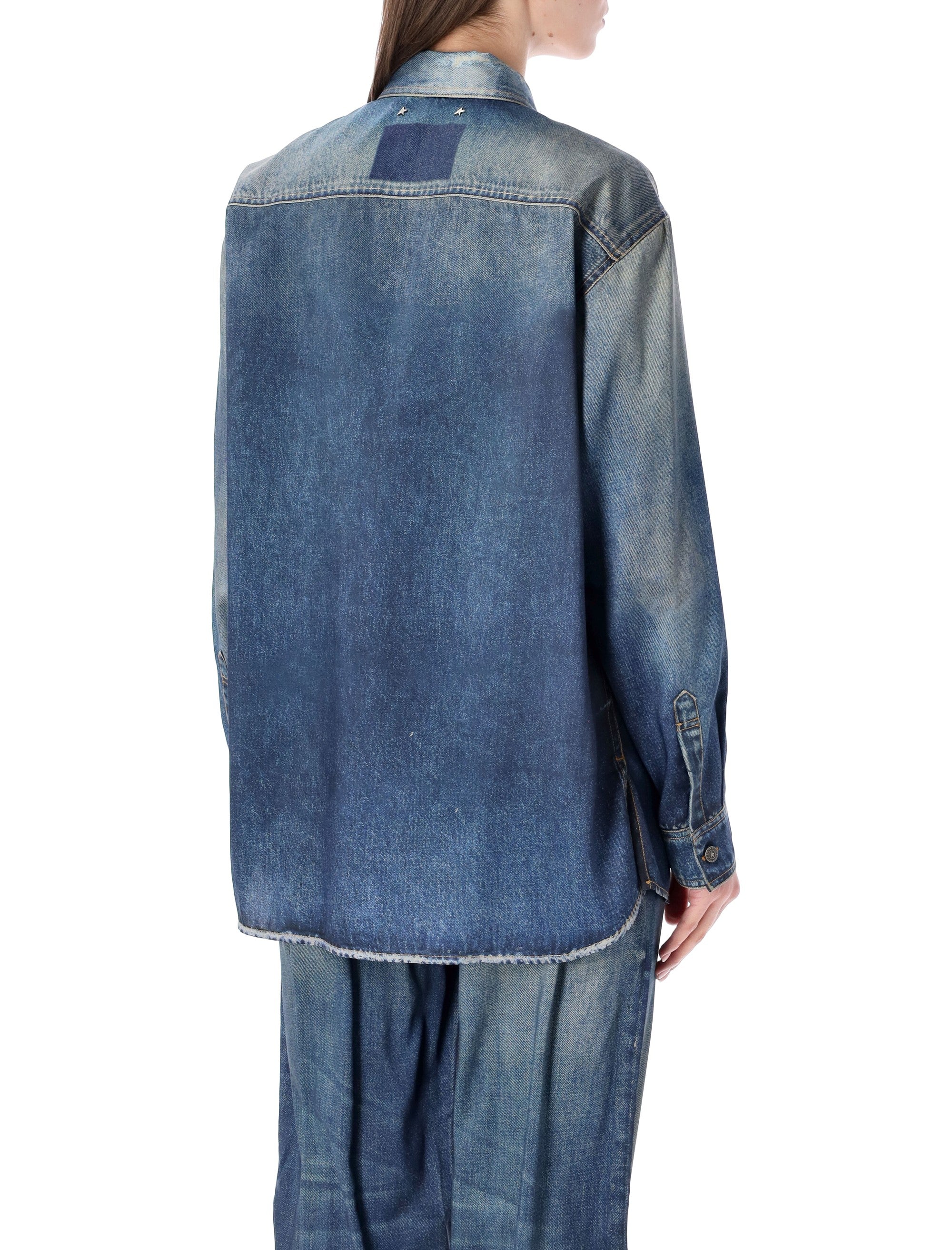 Denim-Effect Print Satin Overshirt With Classic Collar And Patch Pockets