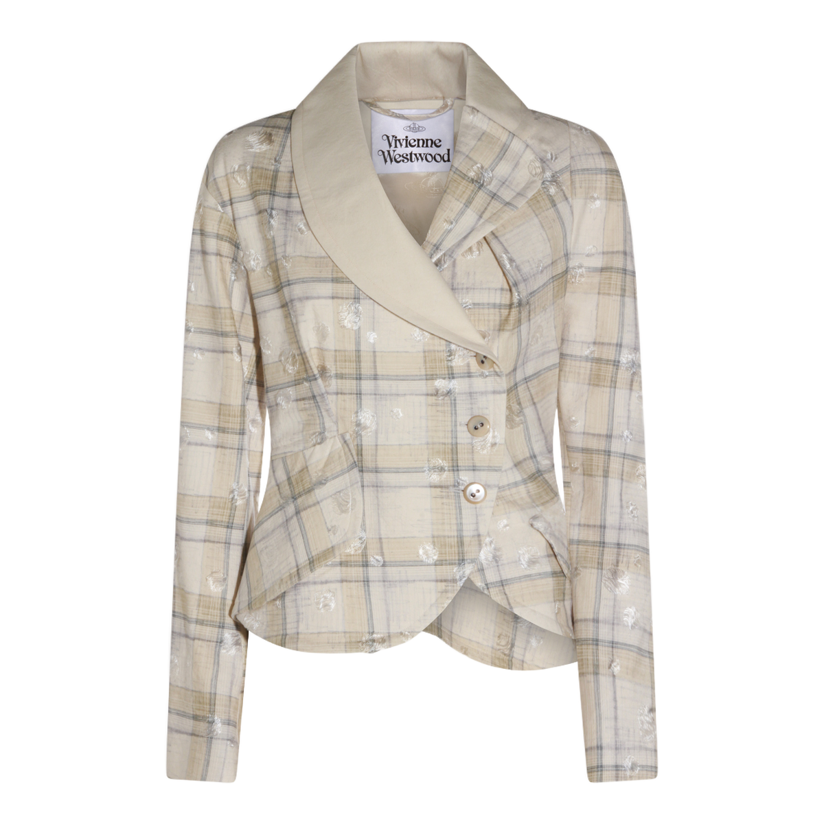 Beige Plaid Tailored Jacket with Silver Floral Embroidery