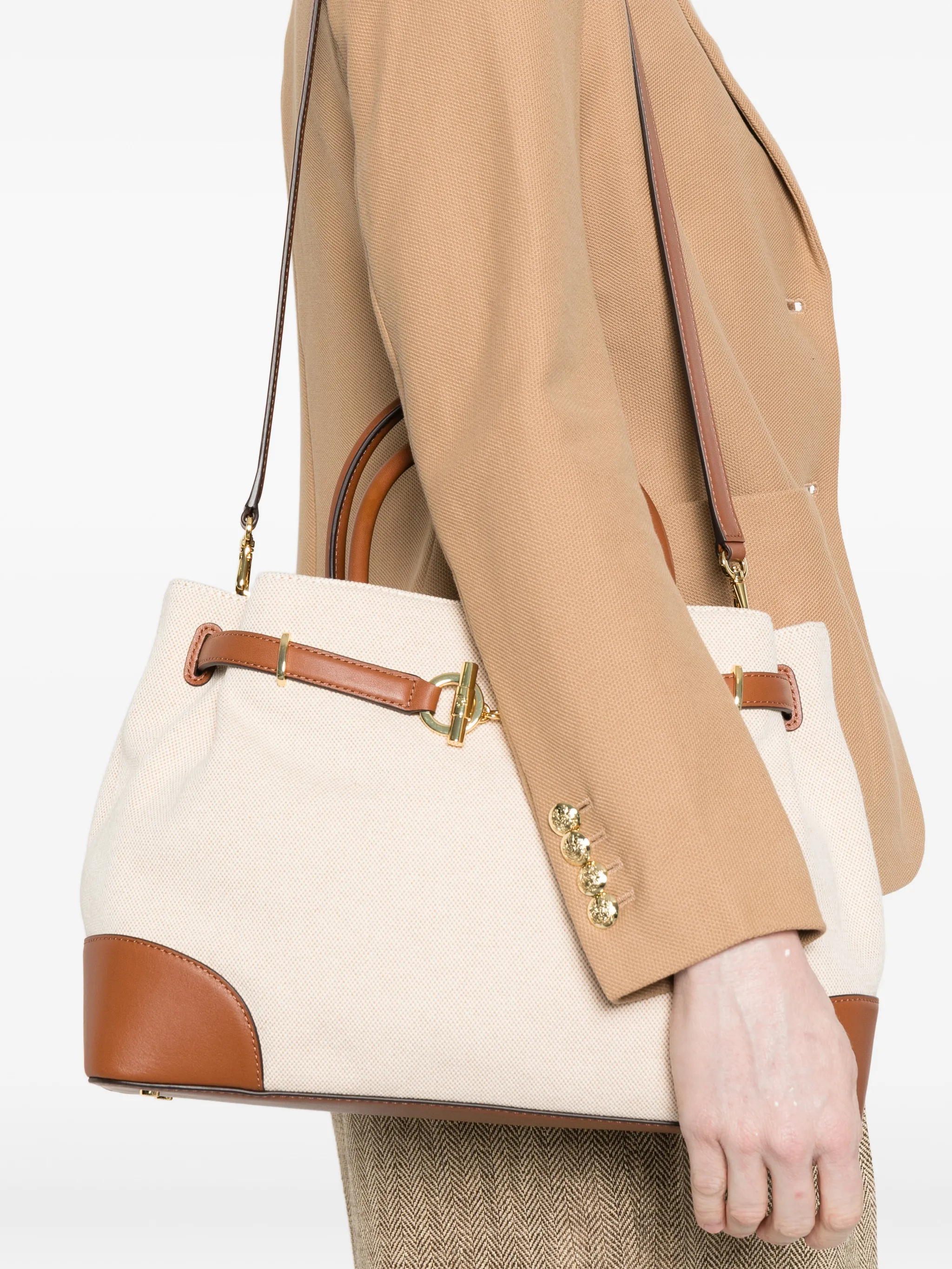 Structured Beige Canvas Handbag with Brown Leather Accents
