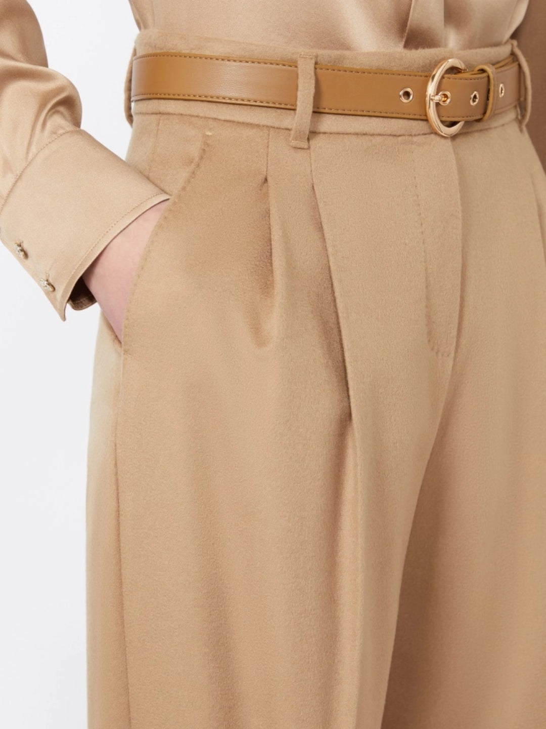 Tailored Camel Wide-Leg Trousers With Pleated Front
