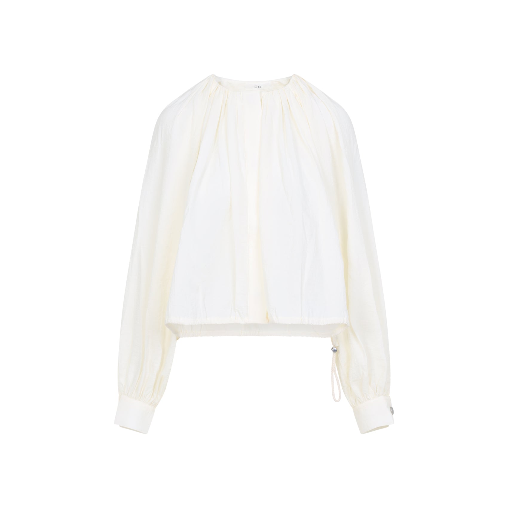 Long-Sleeved White Top with Adjustable Hem