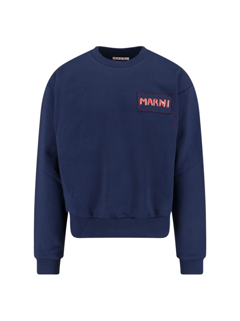 Boxy Navy Blue Cropped Sweater With Bold Logo Patch