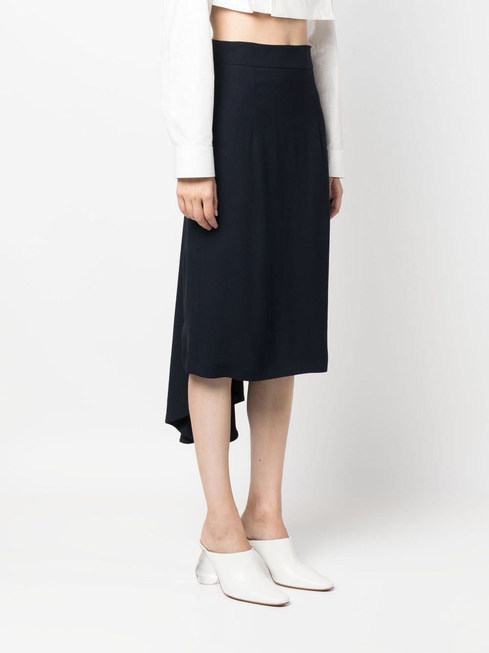 Pleated Asymmetric Midi Skirt in Midnight Blue Georgette