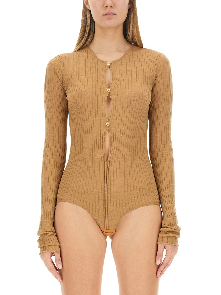 Ribbed Slim Fit Bodysuit With Button Closure