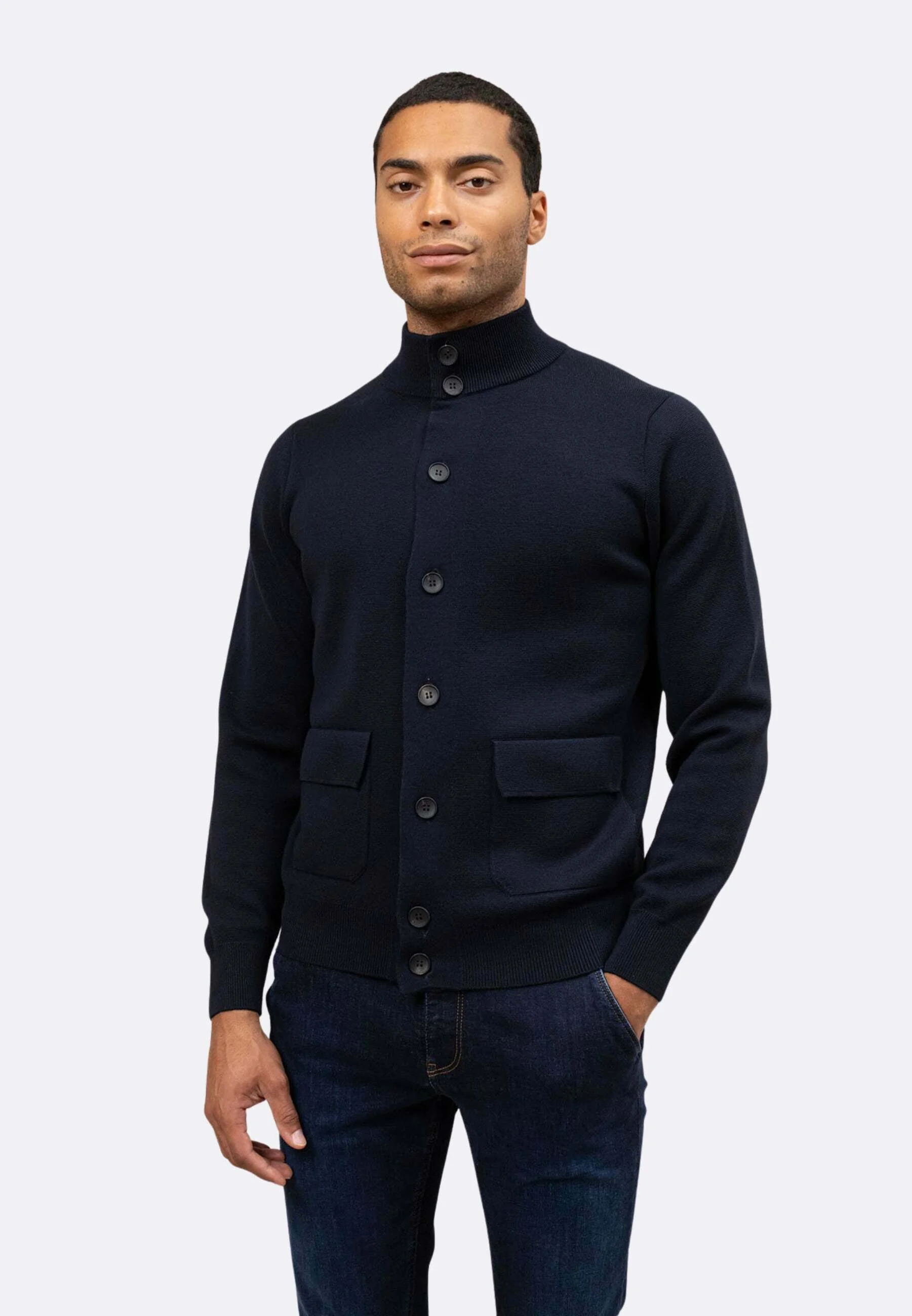 Sophisticated Navy Wool Cardigan With Tailored Fit
