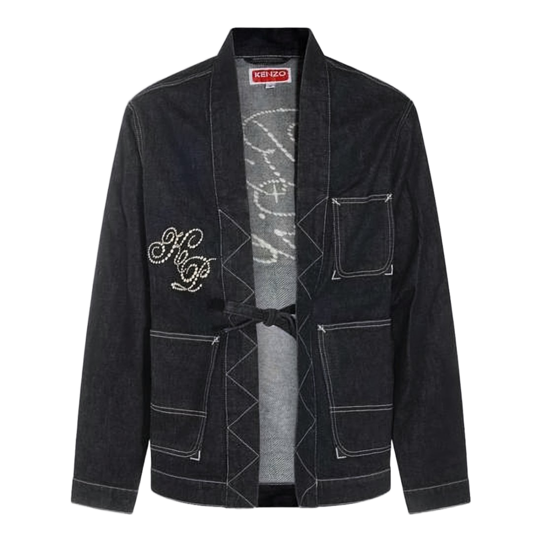 Dark Denim Jacket with Pearl Embellishments