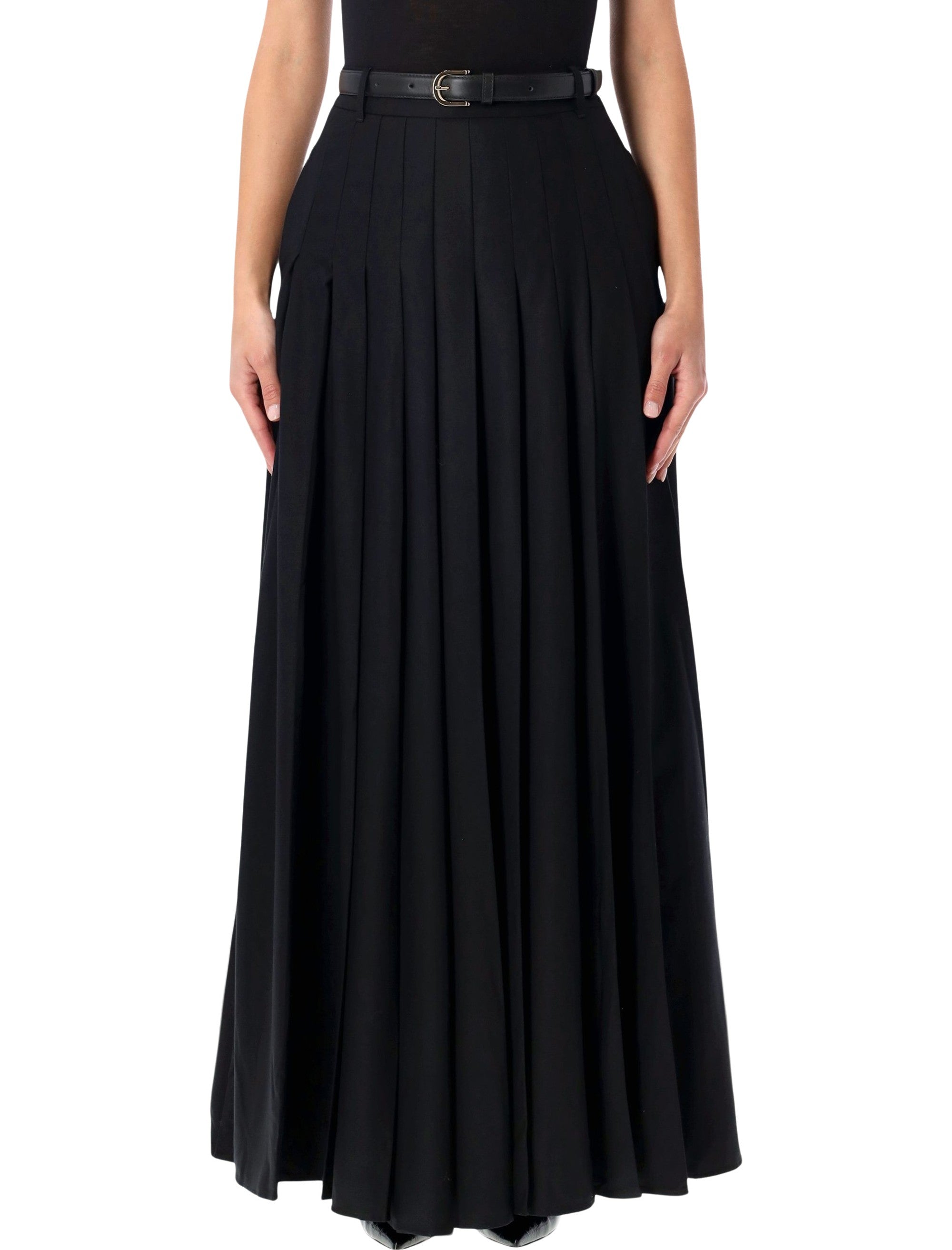 Self-Portrait Black Pleated Twill Maxi Skirt