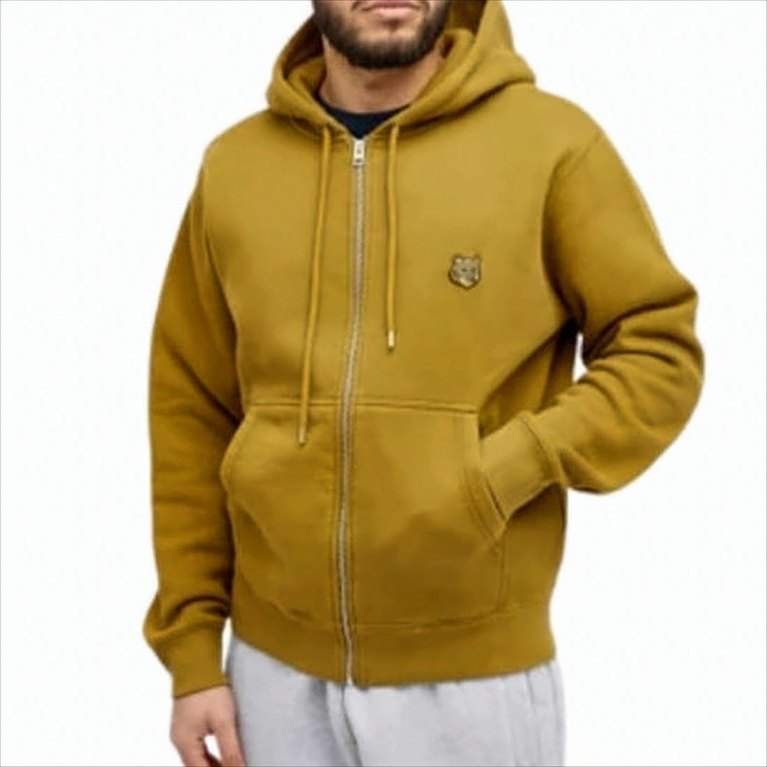 Solid Mustard Yellow Zip-Up Hoodie With Emblematic Fox Logo