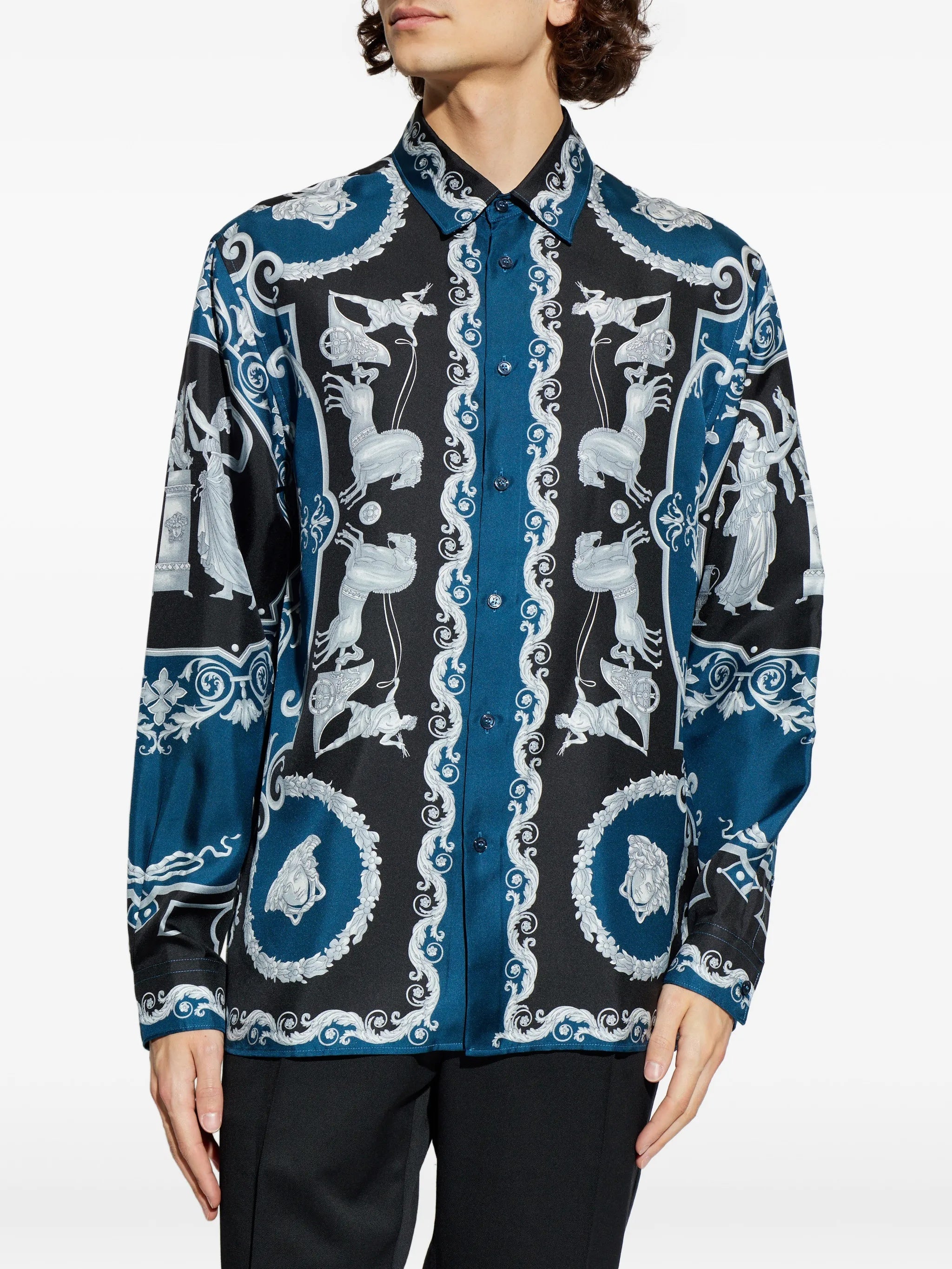 Blue Baroque-Print Silk Long-Sleeve Shirt