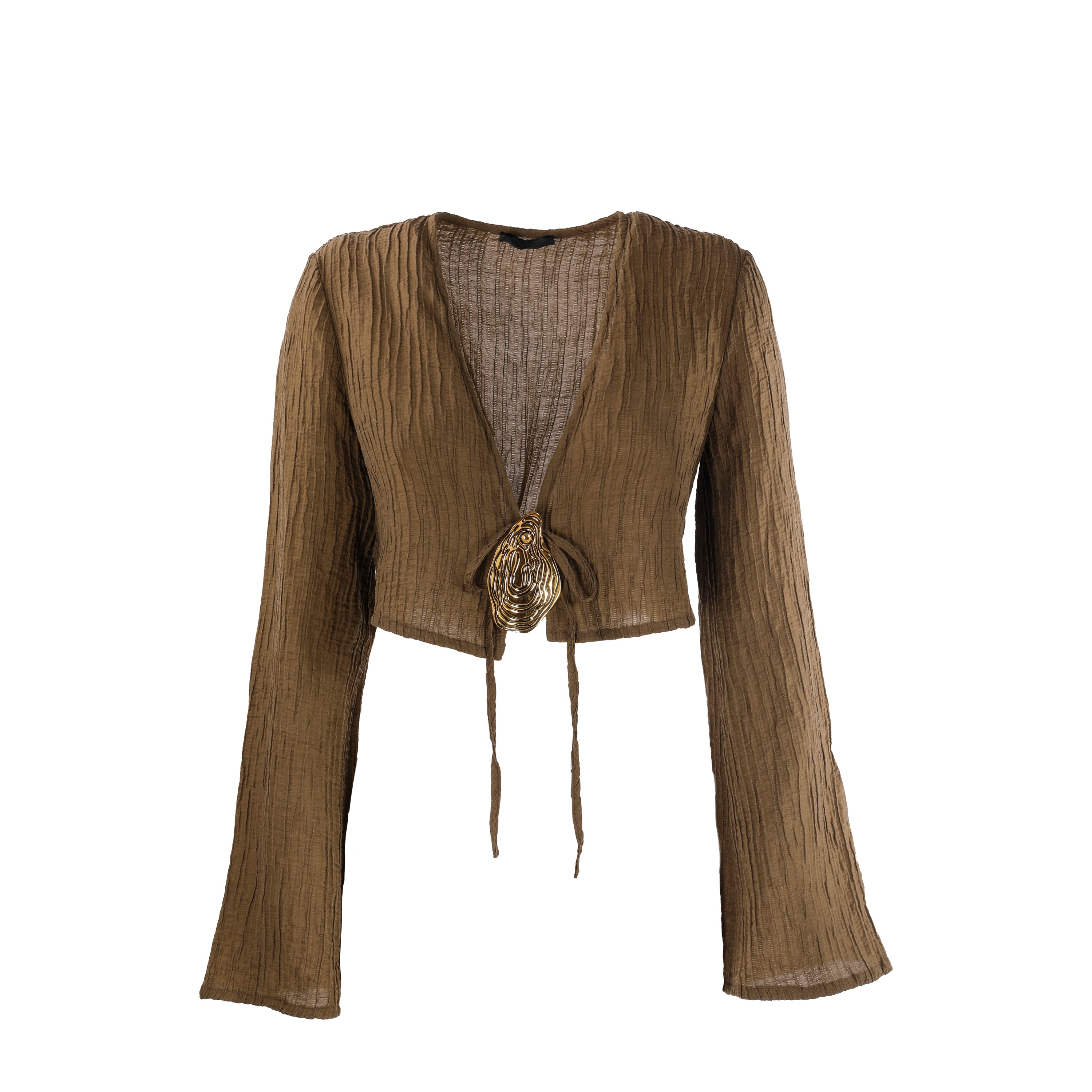 Cropped Long-Sleeved Top With Textured Fabric And Artistic Clasp
