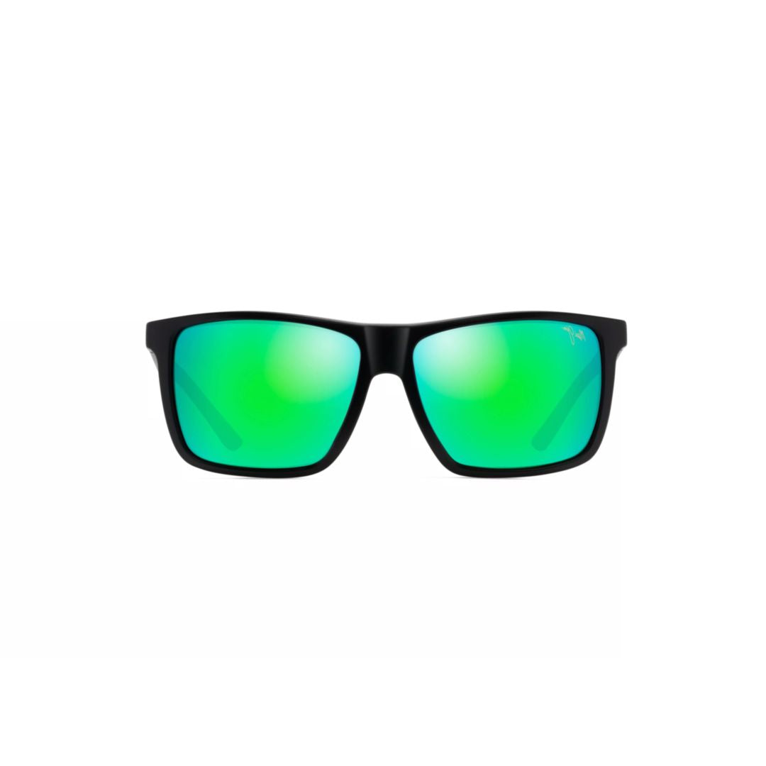 Mamalu Bay Rectangular Matte Black Sunglasses with Reflective Green Lenses
