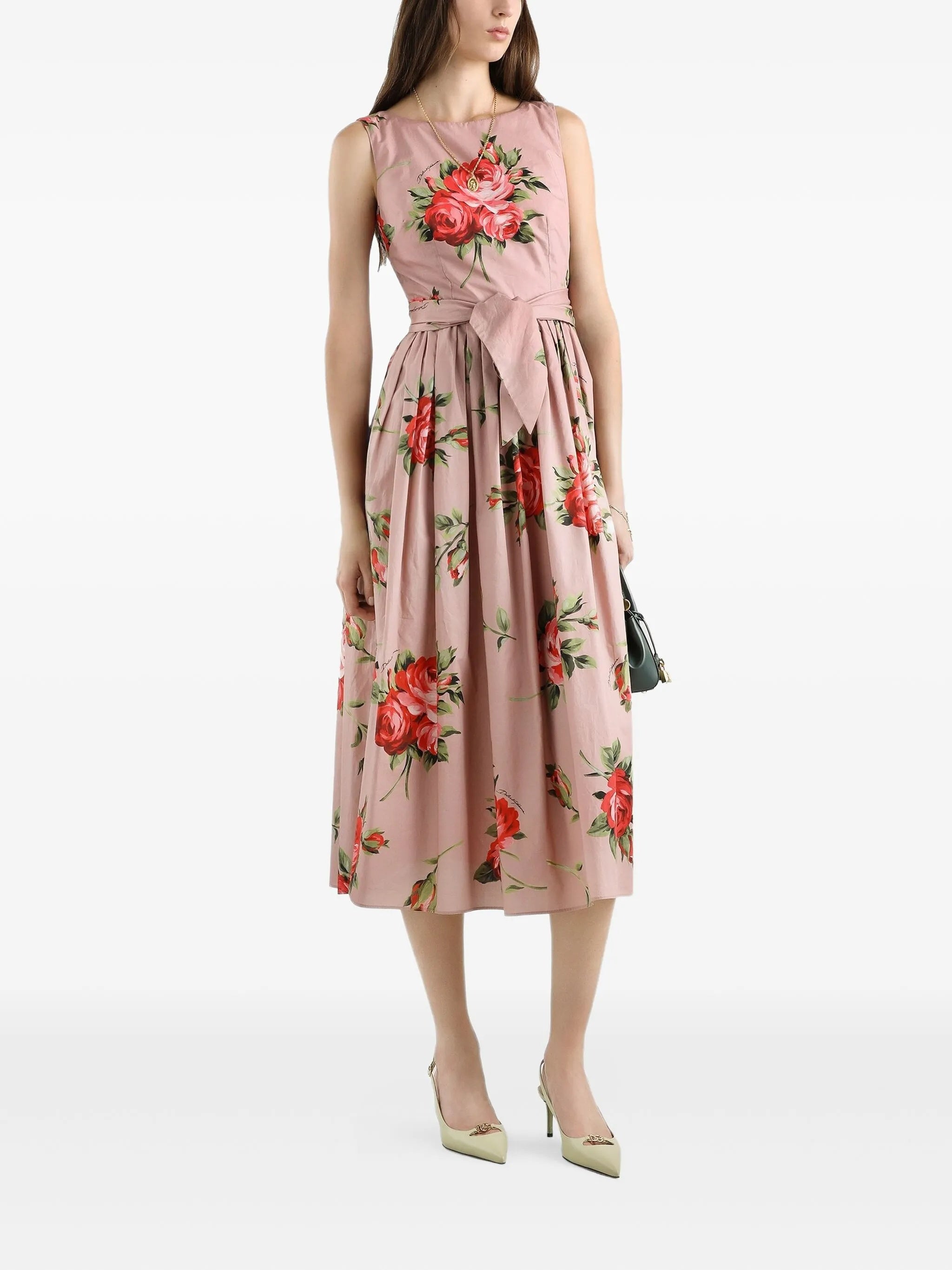 Sleeveless Midi Floral Pleated Cotton Dress