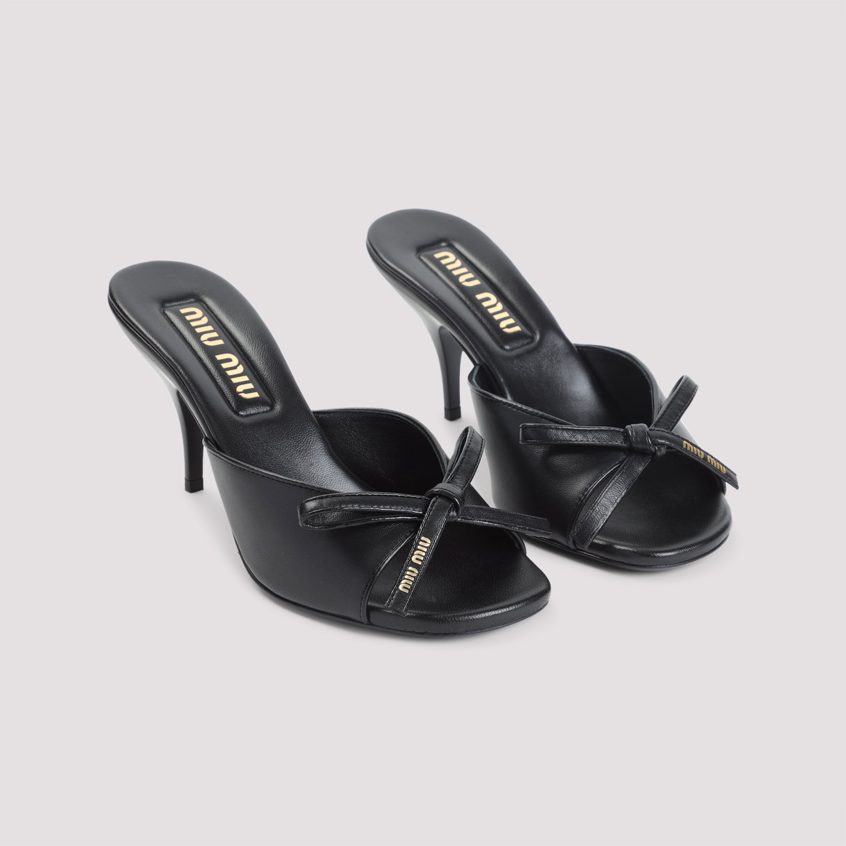 Open-Toe Black Lamb Leather Slippers with Bow Detail