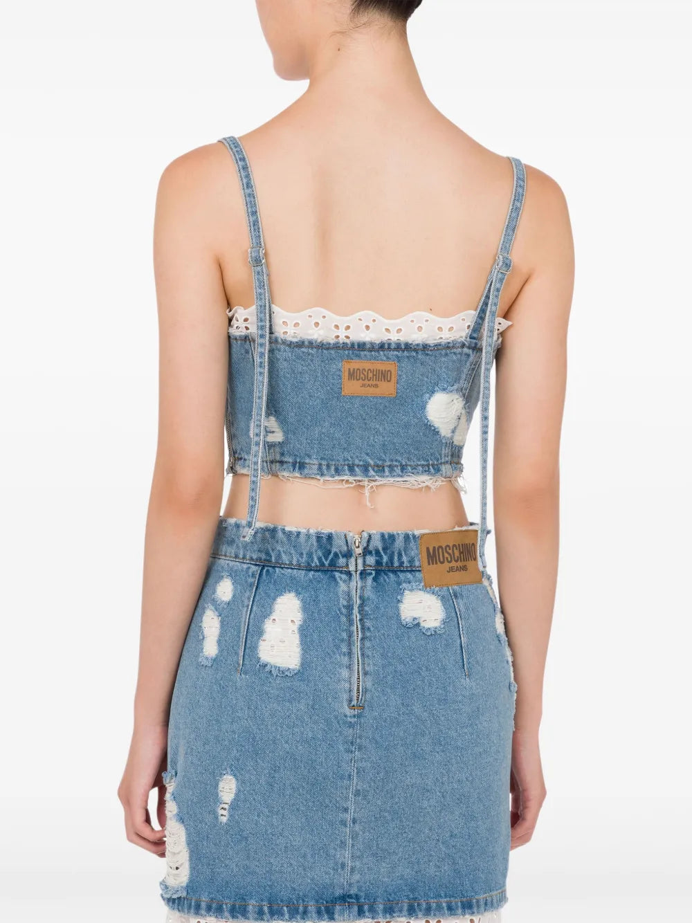 Distressed Denim Cropped Top with Structured Bustier Design