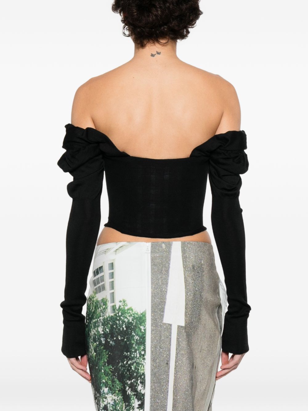 Black Ruched Orb Logo Square Neck Top
