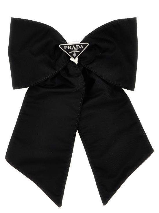 Large Black Fabric Bow Hair Accessory with Triangular Logo Plaque