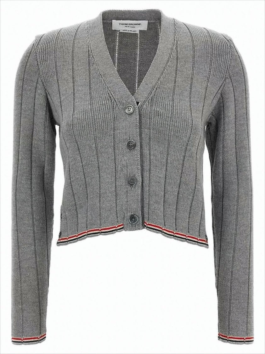 Ribbed Knit Cardigan with Cropped Silhouette and Striped Trim