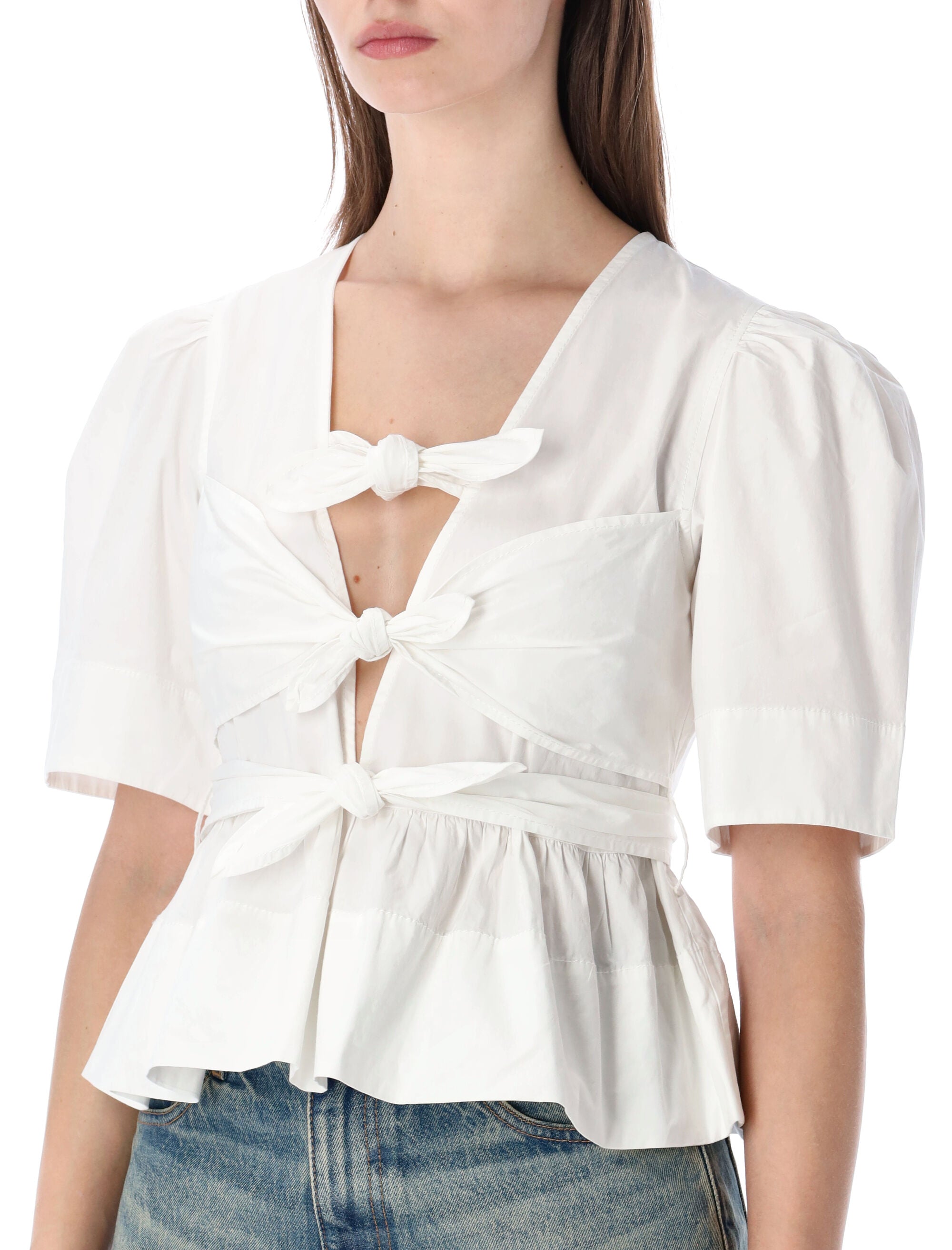 Washed Cotton Tie-Front Blouse