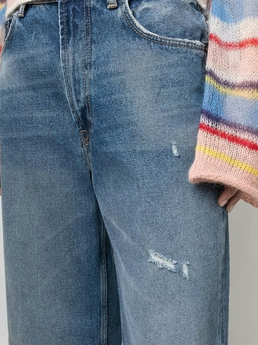 Wide-Leg Denim Pants with Vintage Wash and Frayed Hems