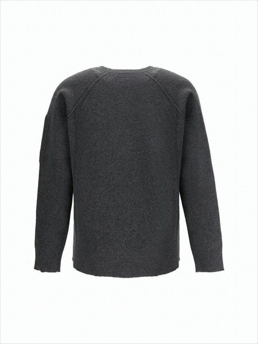 Relaxed Fit Dark Grey Wool Blend Sweater With Patch Pocket