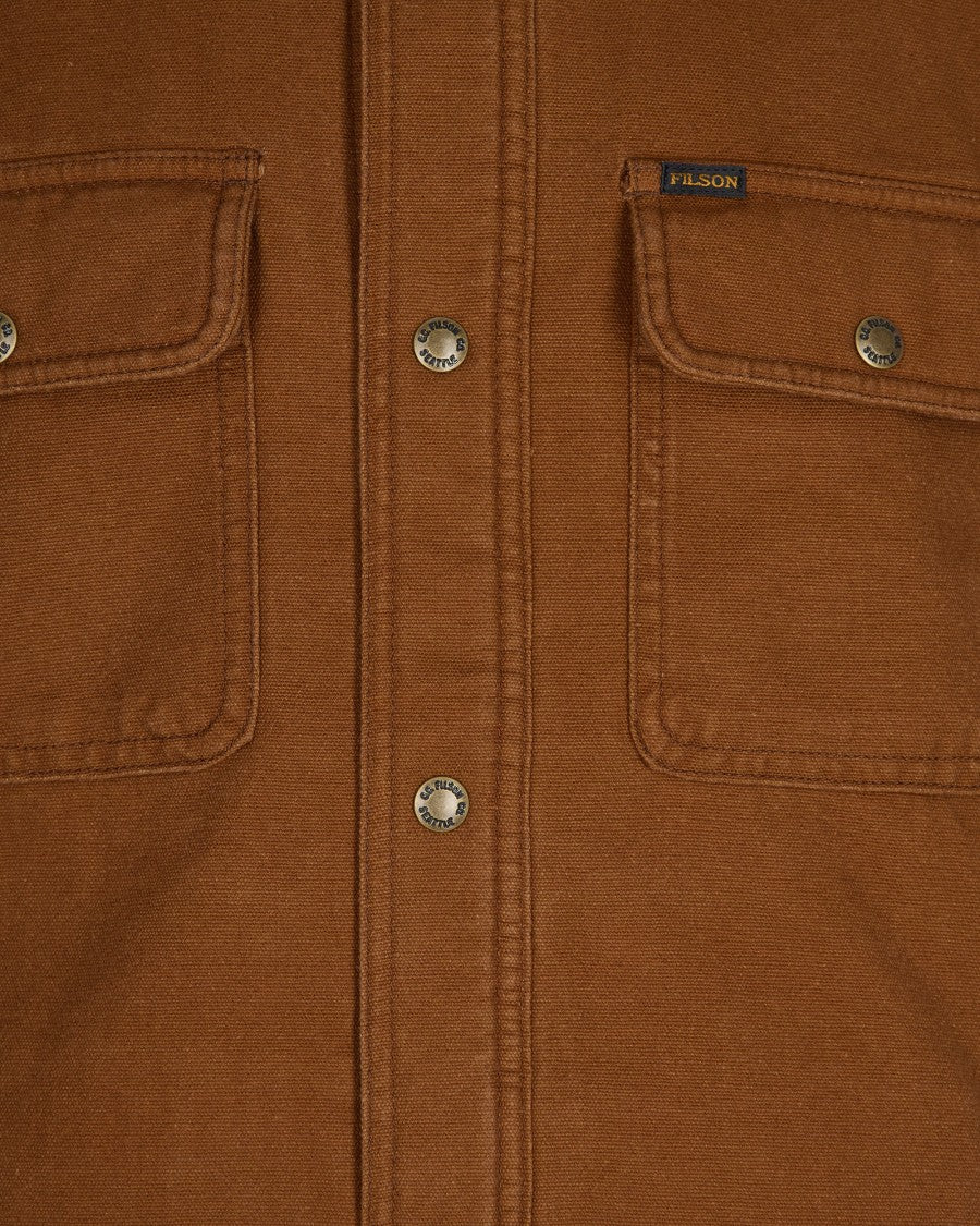 Fleece-Lined Brown Canvas Shirt Jacket With Metal Snap Buttons