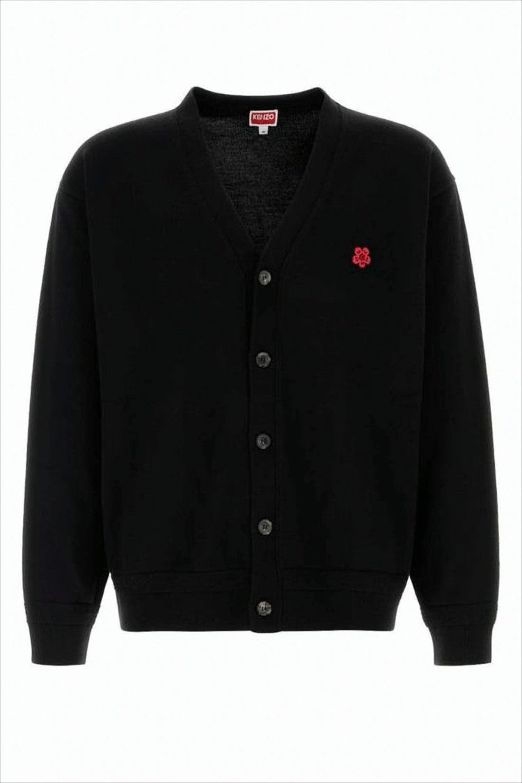 Cropped Black Wool Cardigan With V-Neckline And Embroidered Detail