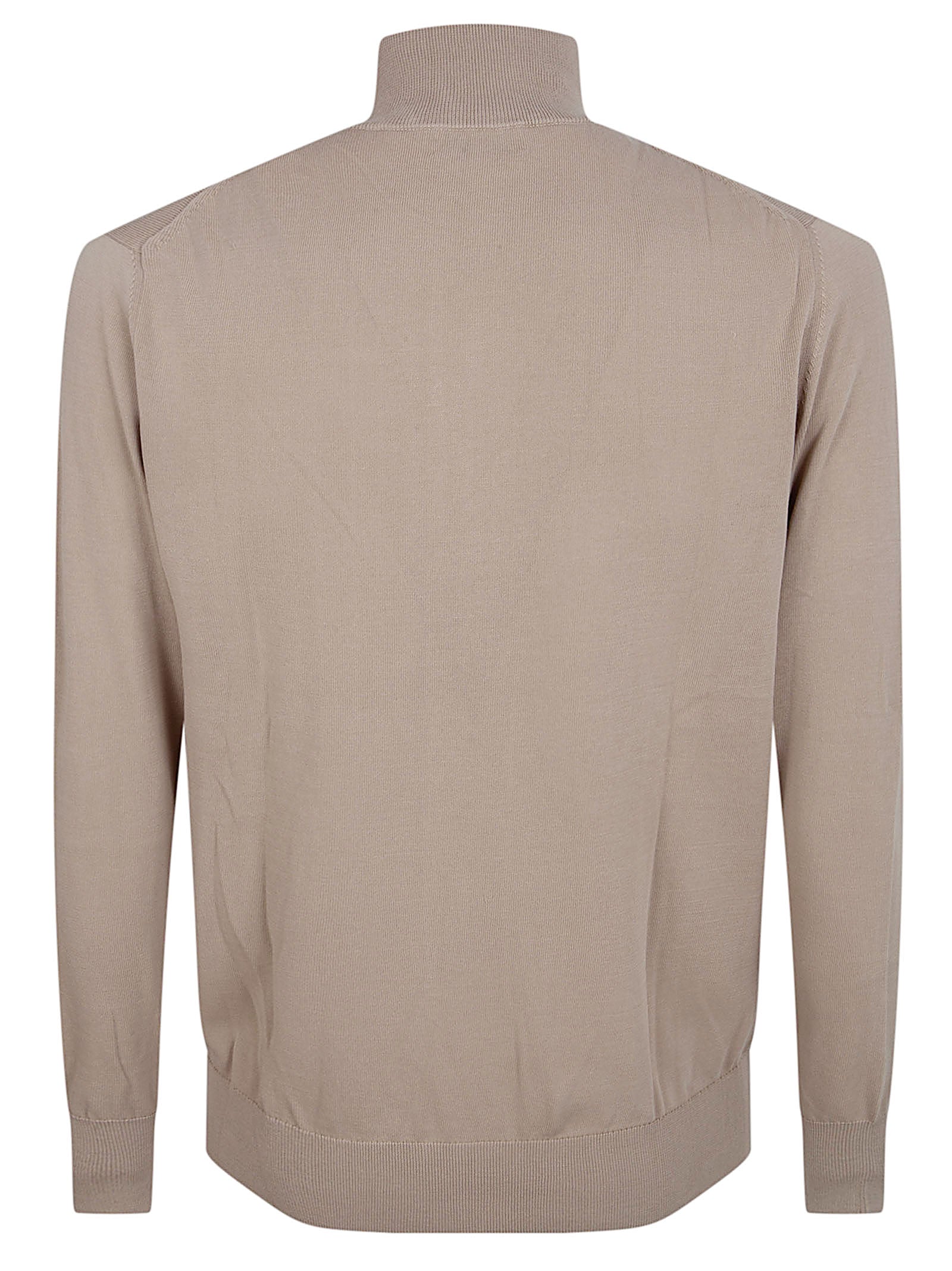 Full Zip Knit Sweater with Ribbed Collar and Leather Detail