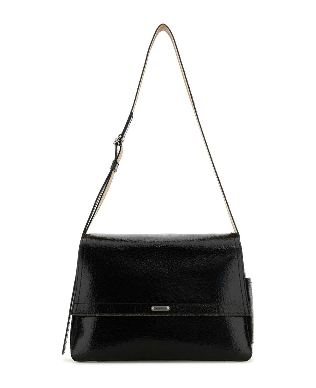 Structured Black Leather Bag with Flap Closure