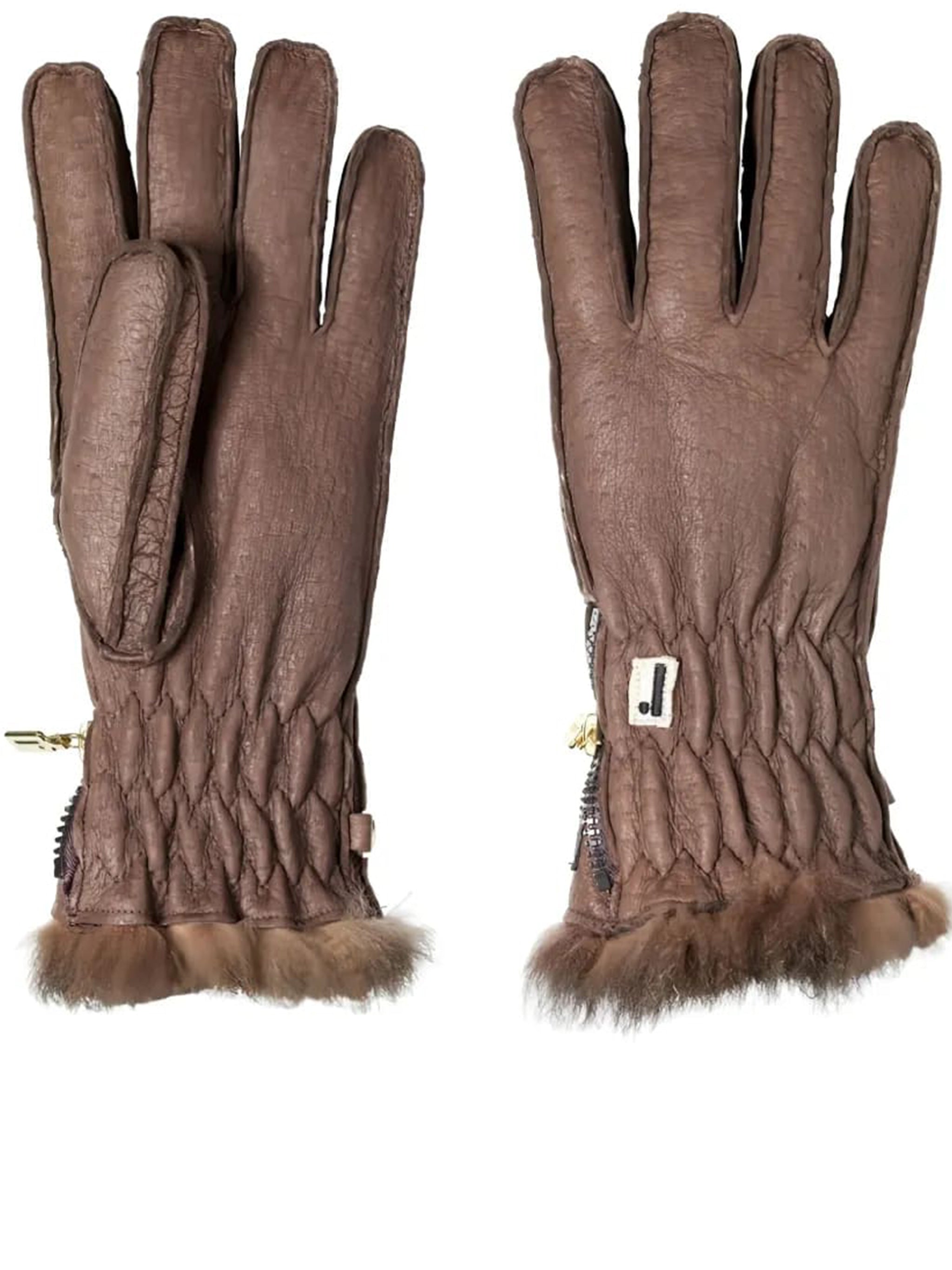 Brown Peccary Opossuy Fur-Trim Gloves