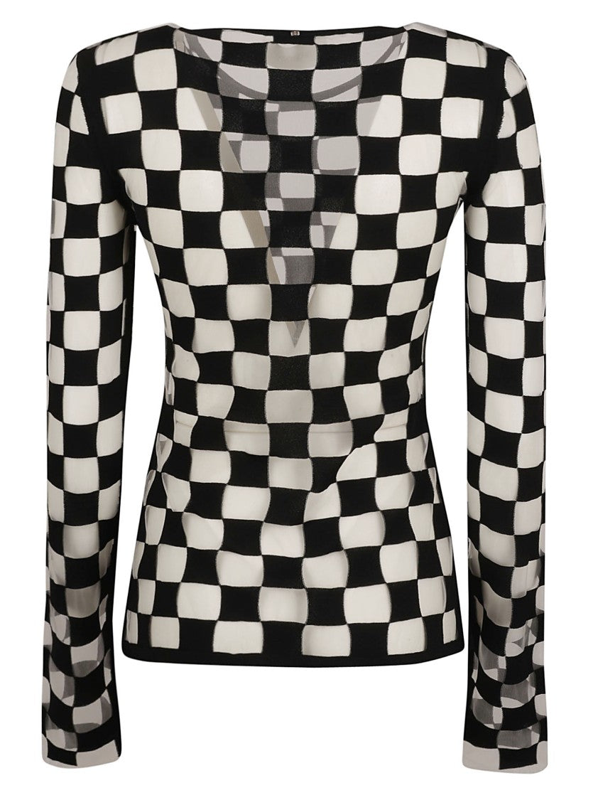 Checkered Knit Sweater With Flared Cuffs
