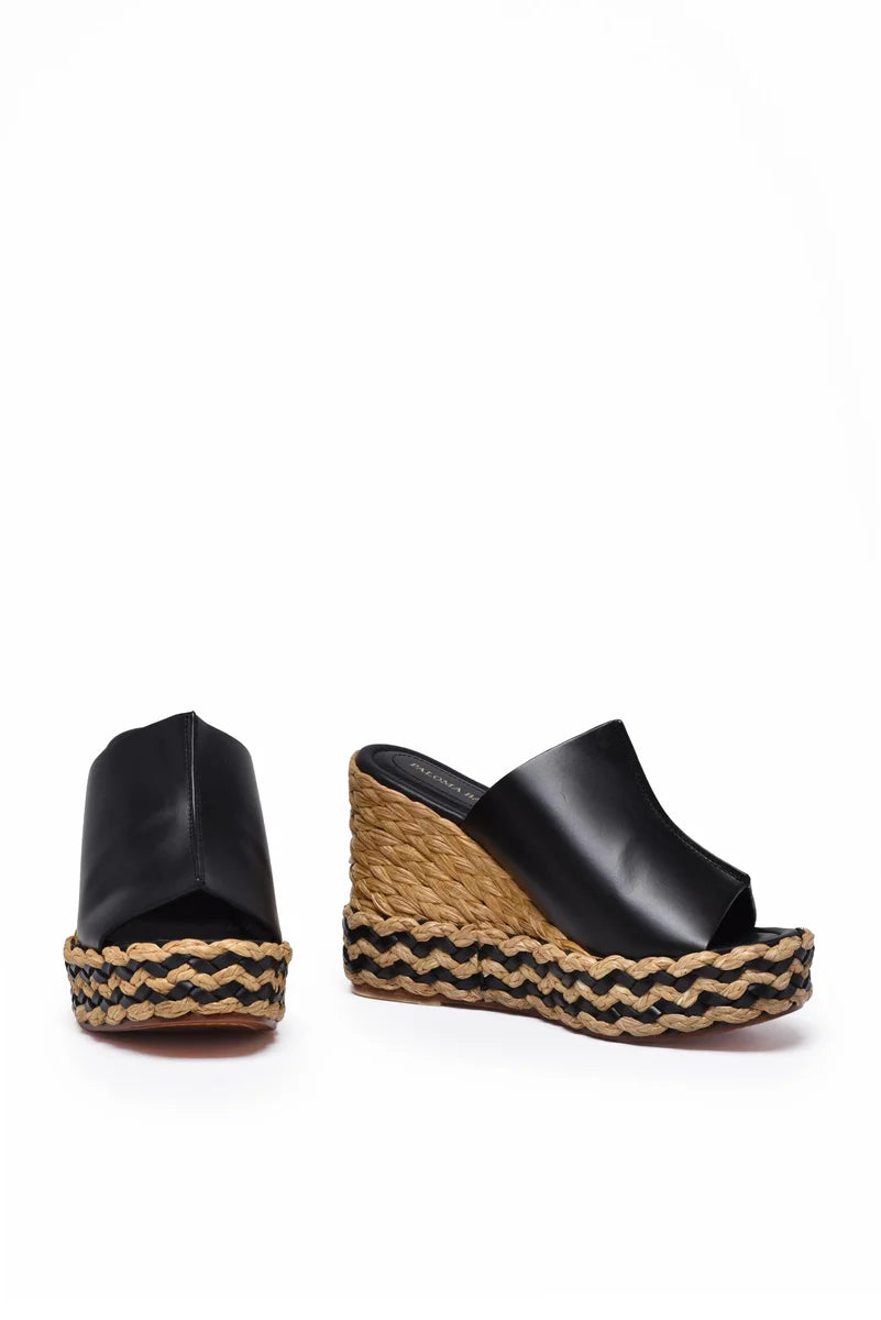 Raffia Wedge Mules - Black