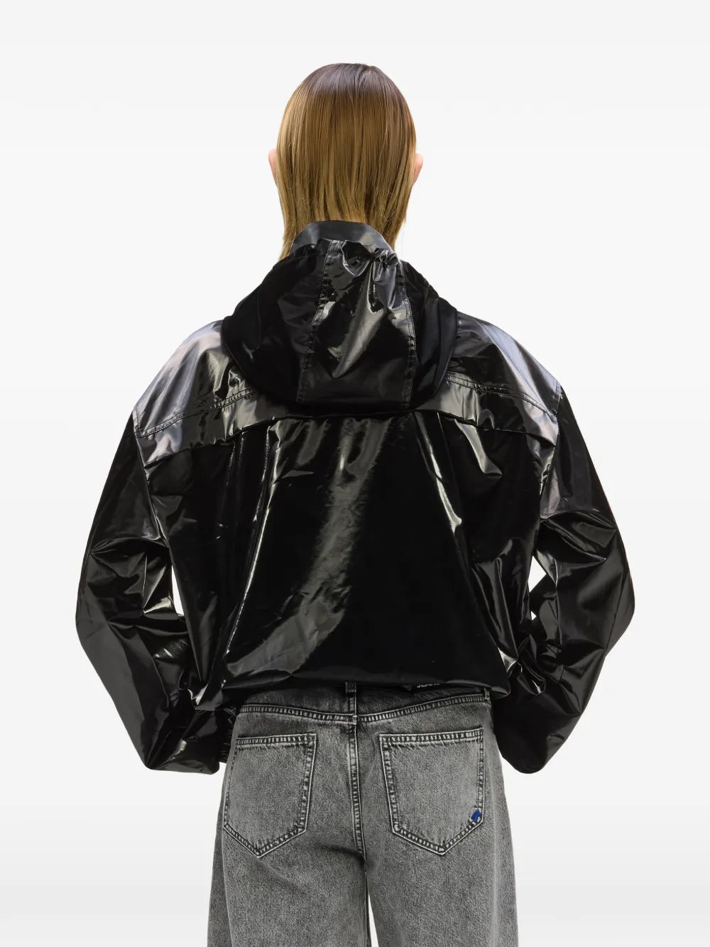 Glossy Black Cropped Jacket with High Collar