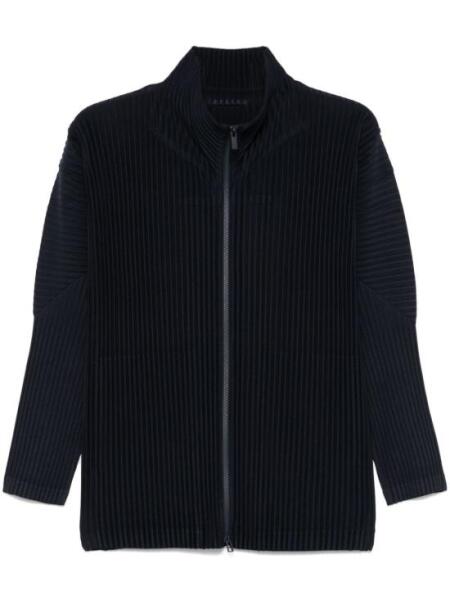 Structured Pleated Jacket With High Collar And Full Zip Closure
