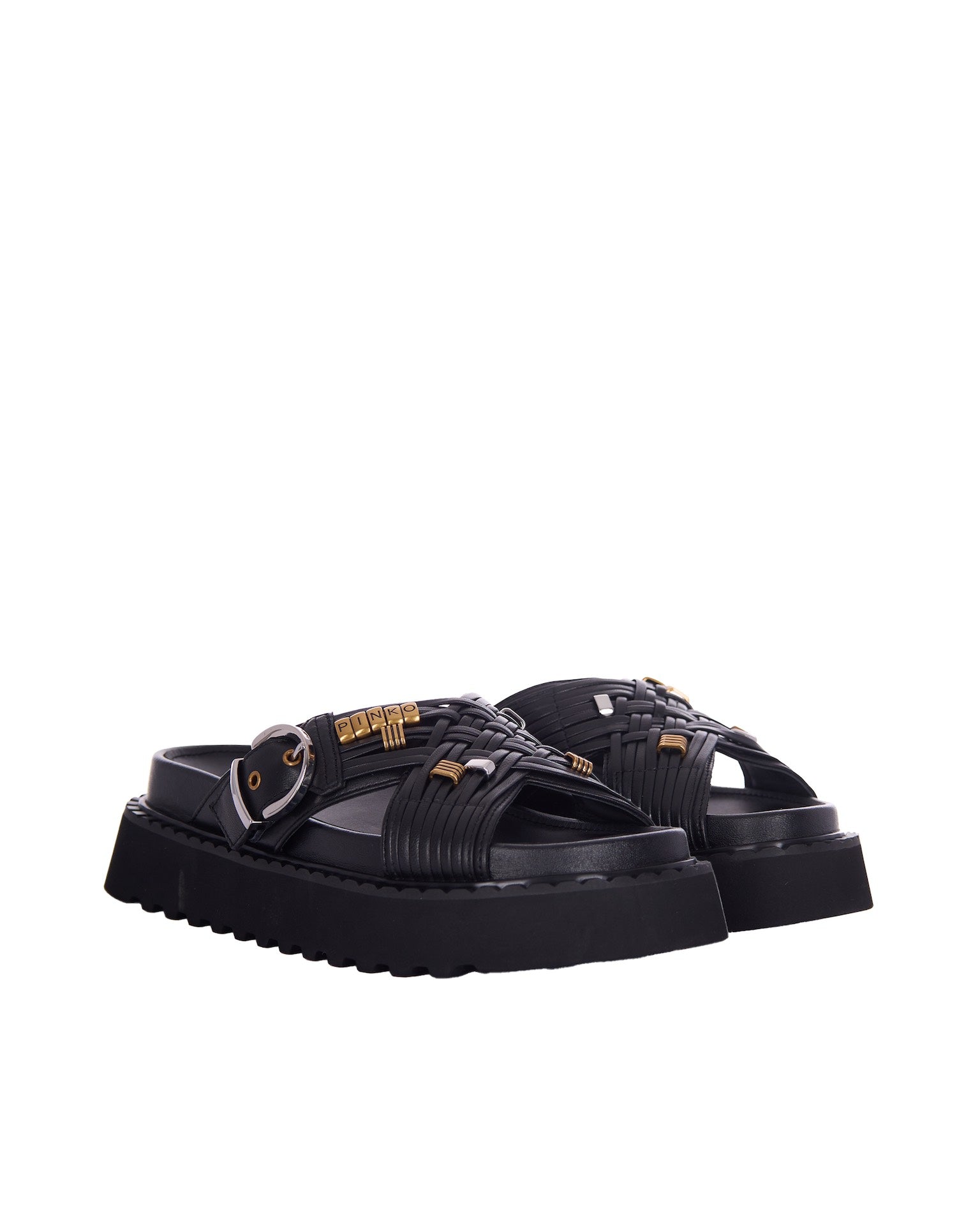 Woven Black Eco-Leather Sandals With Metallic Accents