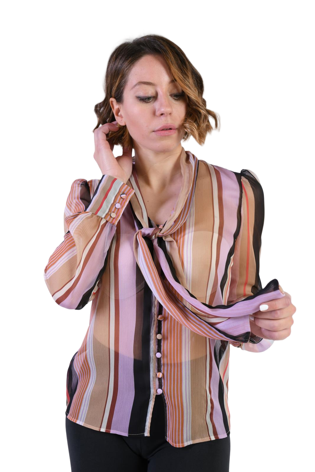 Fantasy Striped Long-Sleeved Shirt With Tie-Neck Detail