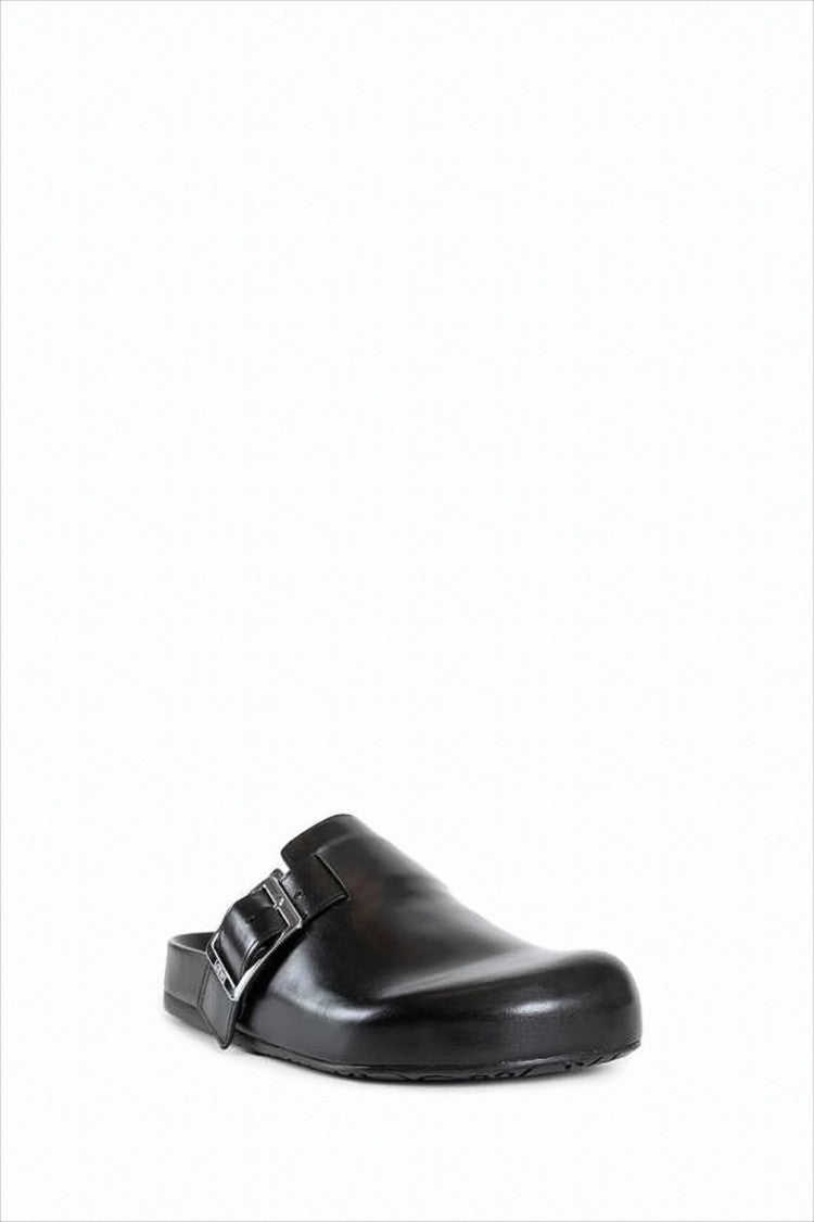 Black Calf Leather Mule with Silver Buckle Detail