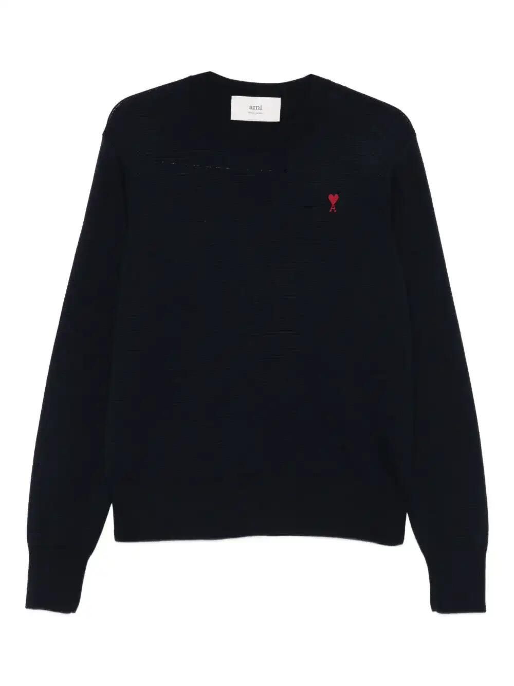 Navy Blue Crew Neck Sweater With Heart Embroidery
