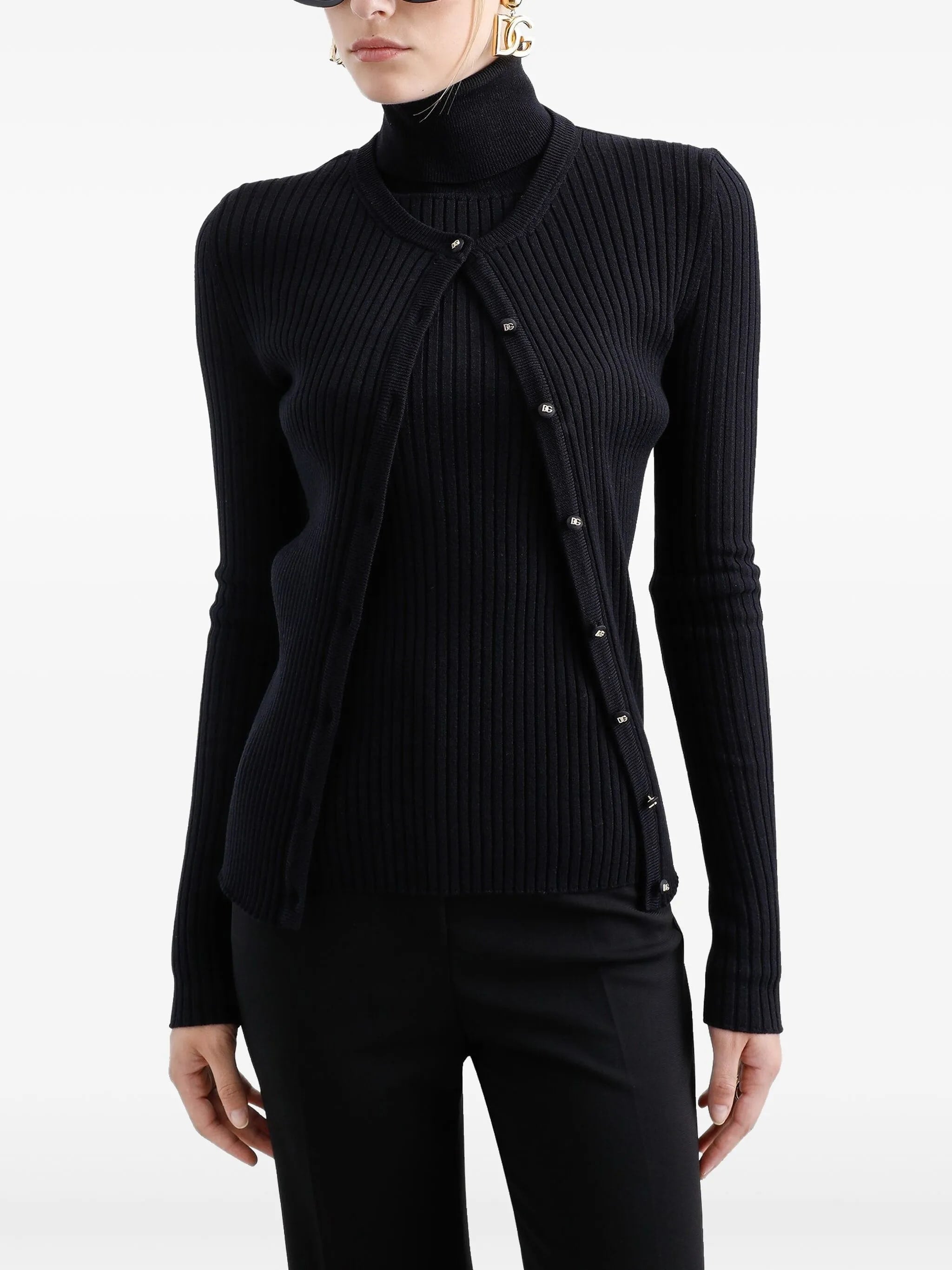 Black Finely Ribbed Wool Button Cardigan