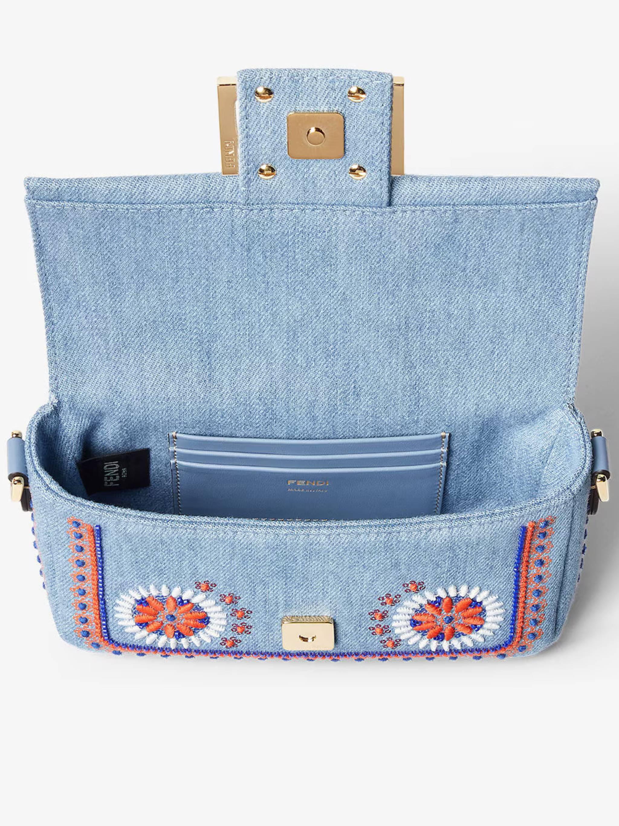 Rectangular Denim Mini Baguette with Floral Embroidery and Gold-tone Clasp